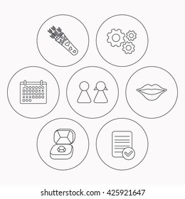 Couple, kiss lips and jewelry icons. Valentine amour arrows linear sign. Check file, calendar and cogwheel icons. Vector