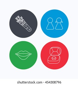 Couple, kiss lips and jewelry icons. Valentine amour arrows linear sign. Linear icons on colored buttons. Flat web symbols. Vector