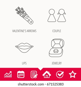 Couple, kiss lips and jewelry icons. Valentine amour arrows linear sign. Edit document, Calendar and Graph chart signs. Star, Check and House web icons. Vector