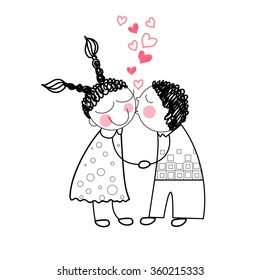 Couple Kiss Red Heart Shape Love Holding Hands Drawing Simple Line Vector Illustration