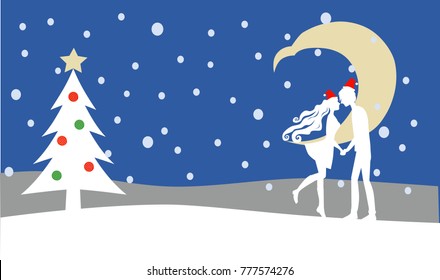 Couple kiss with santa hat and christmas tree under the moon and snow