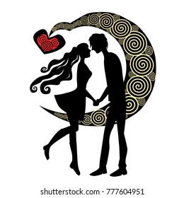 couple kiss under the moon heart , silhouette picture