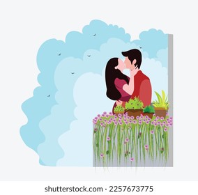 A couple kisses on the balcony decorated with flowers. valentines day especial moment vector flat illustration