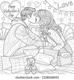 
The couple kisses on the bed. Valentine's Day .Coloring book antistress for children and adults. Illustration isolated on white background.Zen-tangle style. Hand draw