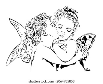 Couple of kissing angels, cute kids with wings, vector 