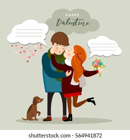 Couple kissing, with a bubble for your text, Valentines day greeting card, vector illustration