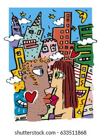 couple kissing with buildings in the background. vector illustration