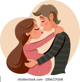 Couple Kissing Celebrating Pregnancy Vector Illustration. Perfect loving family cartoon drawing in romantic embrace 
