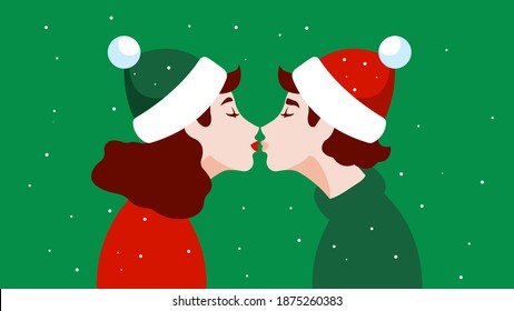 Couple kissing at Christmas. I love you. Couple in love. Close-up two faces. Winter greeting card. Green and red colors. A romantic date under the snow. Merry Christmas together. Vector illustration.