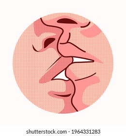 A couple is kissing, closely mouths kiss pop art vecter.
