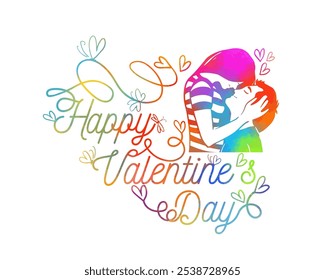 Couple kissing colored. Happy Valentine's Day card. hand drawn. Not AI, Vector illustration