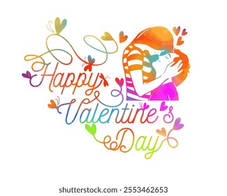 Couple kissing colored. Happy Valentine's Day card. hand drawn. Not AI, Vector illustration