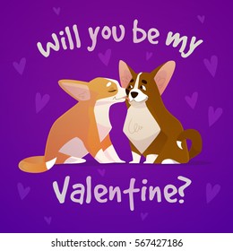 Couple of kissing corgi dogs in cute cartoon 3D style. Love. Valentines day. Will you be my valentine