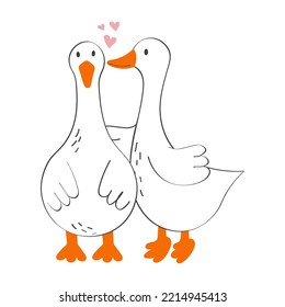 A couple of kissing geese. Hand drawn modern vector illustration.
