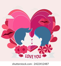 Couple kissing with heart, lip, flowers, leaves, clouds to showing vector paper cut style illustration on valentine day