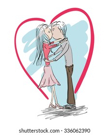 Couple kissing with heart shape hand drawing vector