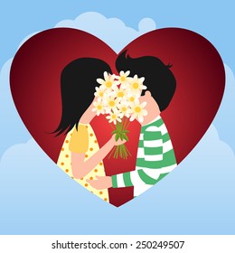Couple kissing hiding a bouquet of flowers