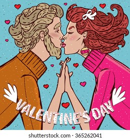 Couple kissing and holding hands - Valentines day concept. Vector illustration