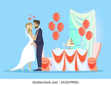 Couple kissing and hugging on wedding day vector, man and woman wearing formal clothes. Table with baked cake and decoration, balloons and dessert