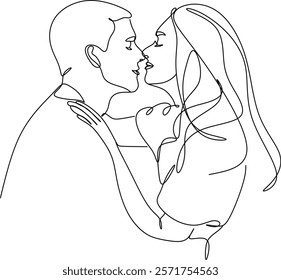 Couple kissing. Line art. Line drawing of a man and a woman in love. Valentine's Day Minimalistic Modern Card Illustration. Wedding logo. Romantic card. Drawn without witty intelligence