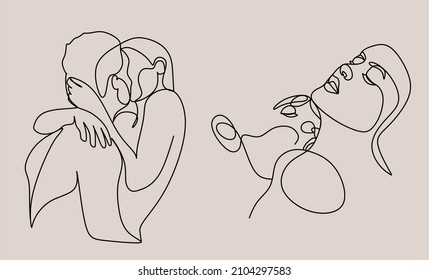 Couple kissing. Linear art. Line drawing of a man and a woman in love. Valentine's Day Minimalist modern card illustration. Wedding logo. Romantic card. Love concept. Fall in love