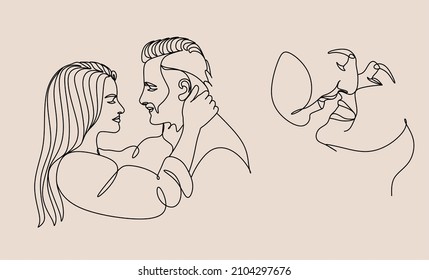 Couple kissing. Linear art. Line drawing of a man and a woman in love. Valentine's Day Minimalist modern card illustration. Wedding logo. Romantic card. Love concept. Fall in love