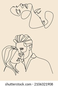Couple kissing. Linear art. Line drawing of a man and a woman in love. Valentine's Day Minimalist modern card illustration. Wedding logo. Romantic card. Love concept. Fall in love