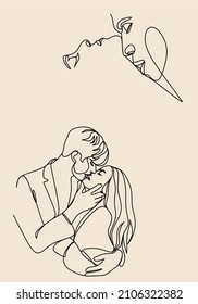 Couple kissing. Linear art. Line drawing of a man and a woman in love. Valentine's Day Minimalist modern card illustration. Wedding logo. Romantic card. Love concept. Fall in love