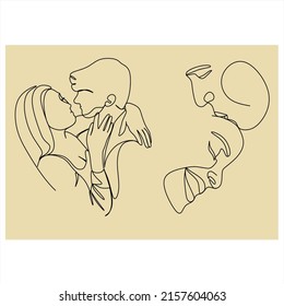 Couple kissing. Linear art. Line drawing of a man and a woman in love. Valentine's Day Minimalist modern card illustration. Wedding logo. Romantic card. Love concept. Fall in love