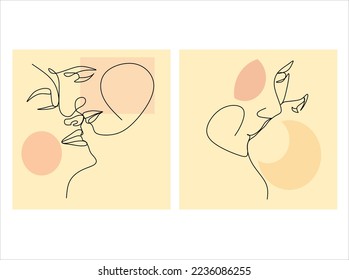 Couple kissing. Linear art. Line drawing of a man and a woman in love. Valentine's Day Minimalist modern card illustration. Wedding logo. Romantic card. Love concept. Fall in love
