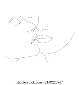 Un par de besos. Un dibujo lineal de un hombre y una mujer enamorados. Ilustración moderna minimalista.