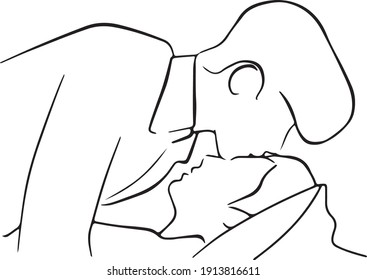 Couple kissing with love drawing line vector