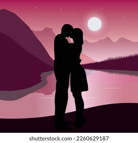 couple kissing in moonlight vector illustration