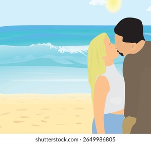 Casal beijando na praia. vetor