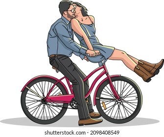 couple kissing on a bicycle