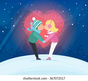 Couple kissing outdoors in winter season. Flat illustration for Valentine's day of young man and young woman with big love heart behind