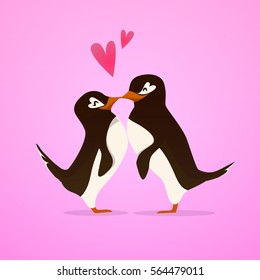 Couple of kissing penguins in cute cartoon 3D style. Love