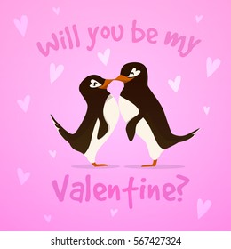 Couple of kissing penguins in cute cartoon 3D style. Love. Valentines day. Will you be my valentine