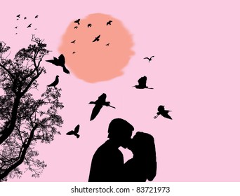 Couple kissing at pink sunset on the park, background vector illustration