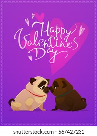 Couple of kissing pugs dogs in cute cartoon 3D style. Love/. Vector illustration. Happy Valentine's Day. Valentine Day.