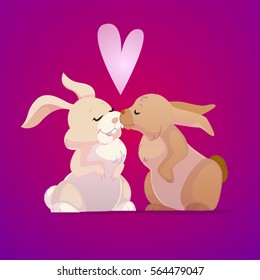 Couple of kissing rabbits or bunnies in cute cartoon 3D style. Love