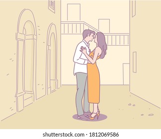 A couple is kissing romantically between buildings. hand drawn style vector design illustrations. 