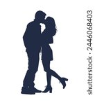 Couple kissing silhouette isolated on white background. Romantic couple silhouette. Vector silhouette couple man and woman in love black on white background. Vector illustration.