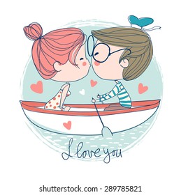 ??Cute couple kissing sitting on boat