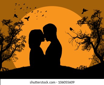 Couple kissing at sunset on the park background, vector illustration