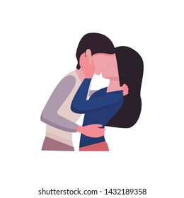 Couple kissing in trendy flat style. Romantic relationship. Vector illustration isolated on a white background. Man and woman in love. Male and female characters. Happy romantic in cartoon style. 