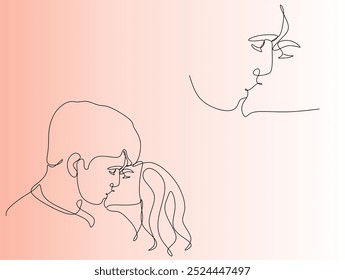 Couple kissing. Trendy line drawing. Couple illustration in one line. Minimalistic vector illustration. Continuous abstract one line drawing, hand drawn