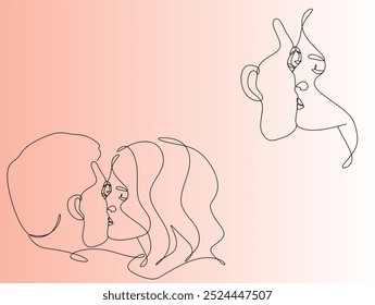 Couple kissing. Trendy line drawing. Couple illustration in one line. Minimalistic vector illustration. Continuous abstract one line drawing, hand drawn