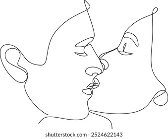 Casais se beijando. Desenho de linha na moda. Ilustração de casal em uma linha. Ilustração vetorial minimalista. Desenho de uma linha abstrato contínuo, desenhado à mão