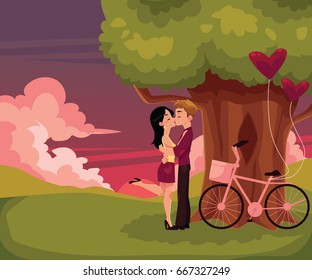 Couple kissing under big tree at sundown, next to bicycle and balloons, cartoon vector illustration, Valentine greeting card design. Couple kissing, having date in the fields under sunset sky